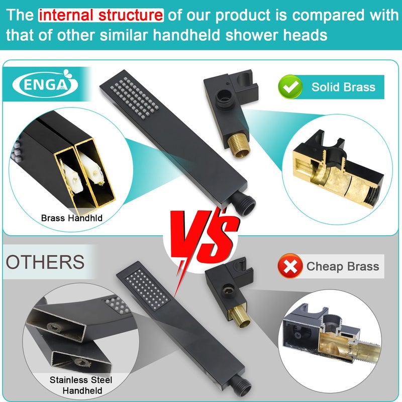ENGA Square Matte Black Solid Brass Eco-Performance Hand Held Shower Head with Wall Connector and Hose Wall Mount Handheld Showerheads Set - Image 3